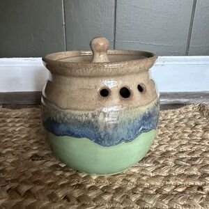 Handmade Ceramic Blue‎ Green Brown Boho Garlic Keeper Jar